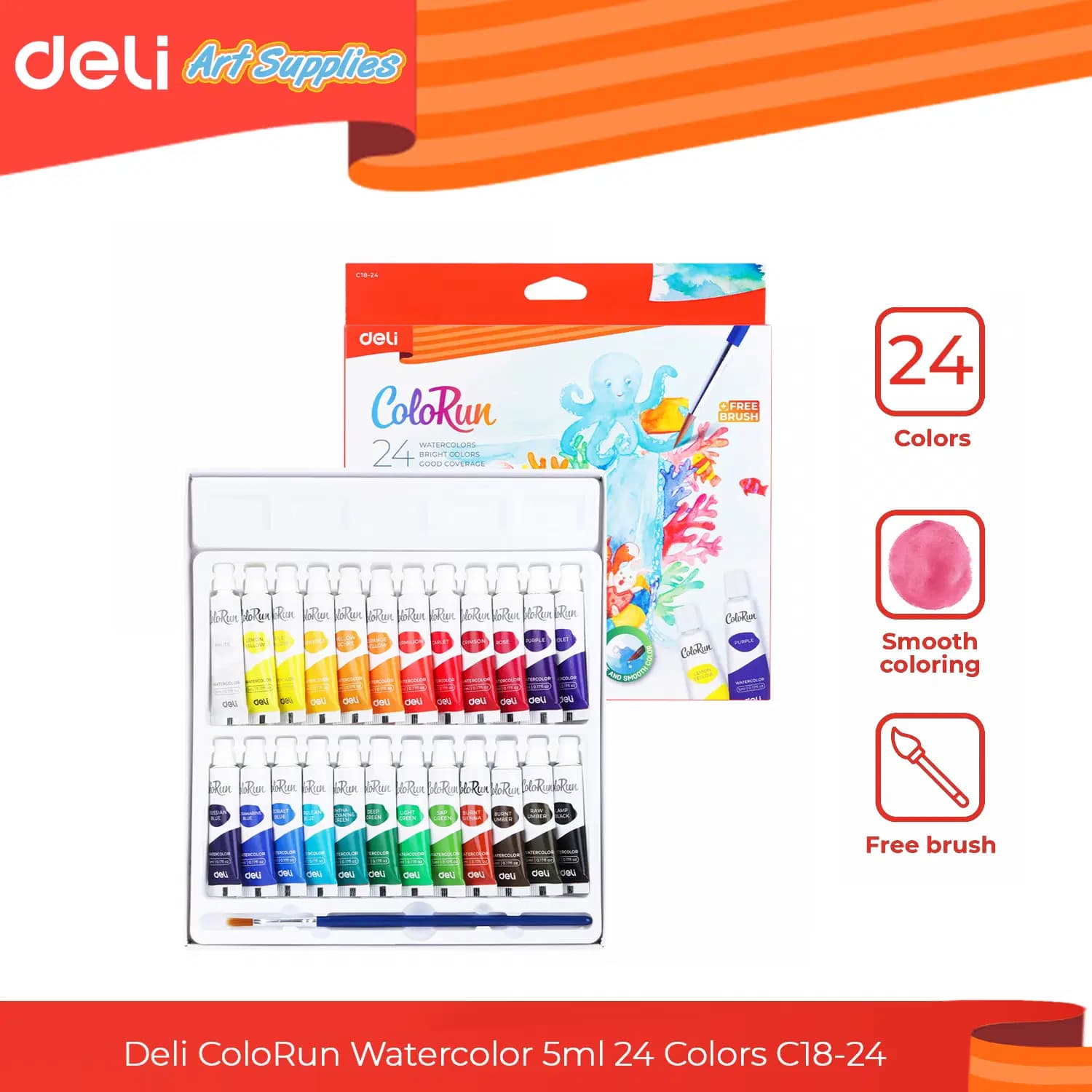 Gouache de 24 Couleurs 5ml /0.17 Fl Oz / Avec Pinceau Color Deli Ref EC18-24 3