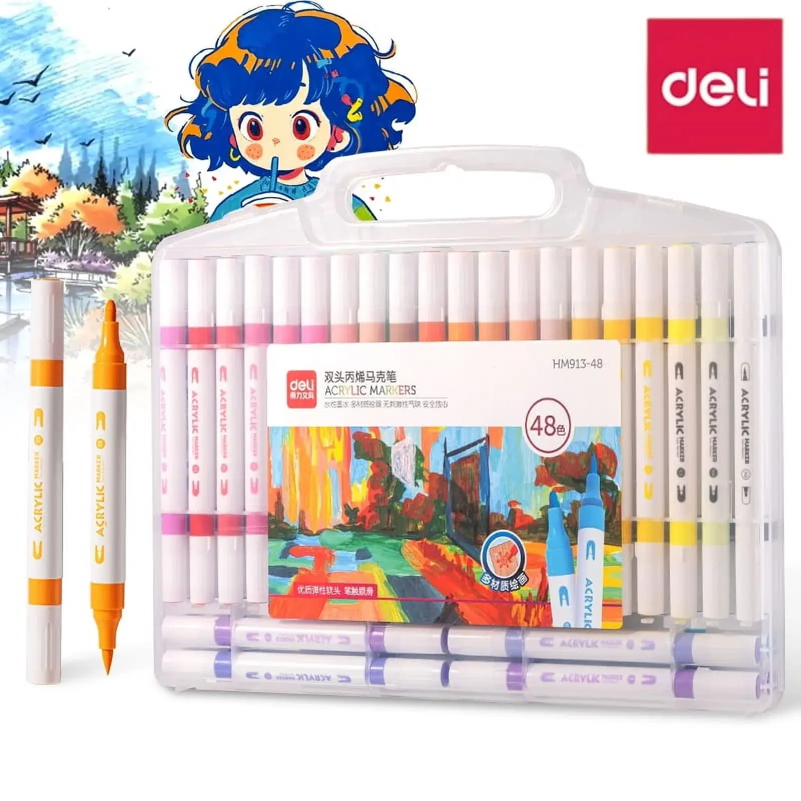 Marqueur Acrylique Double Tete Boite de 48 Couleurs / Rond Deli Ref HM913-48