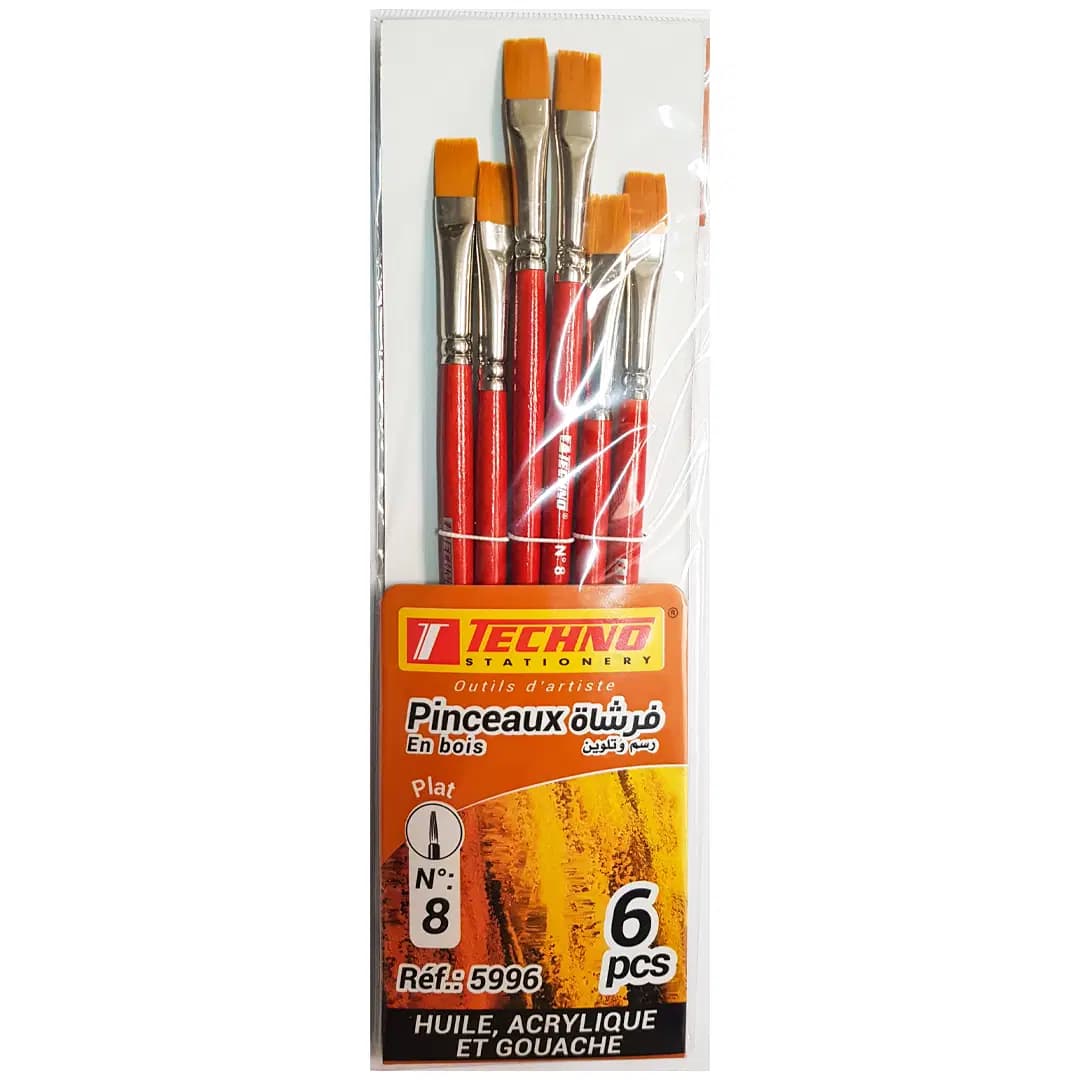 Pinceau Plat N8 Manche Ourt Jeu 6PCS Techno 5996