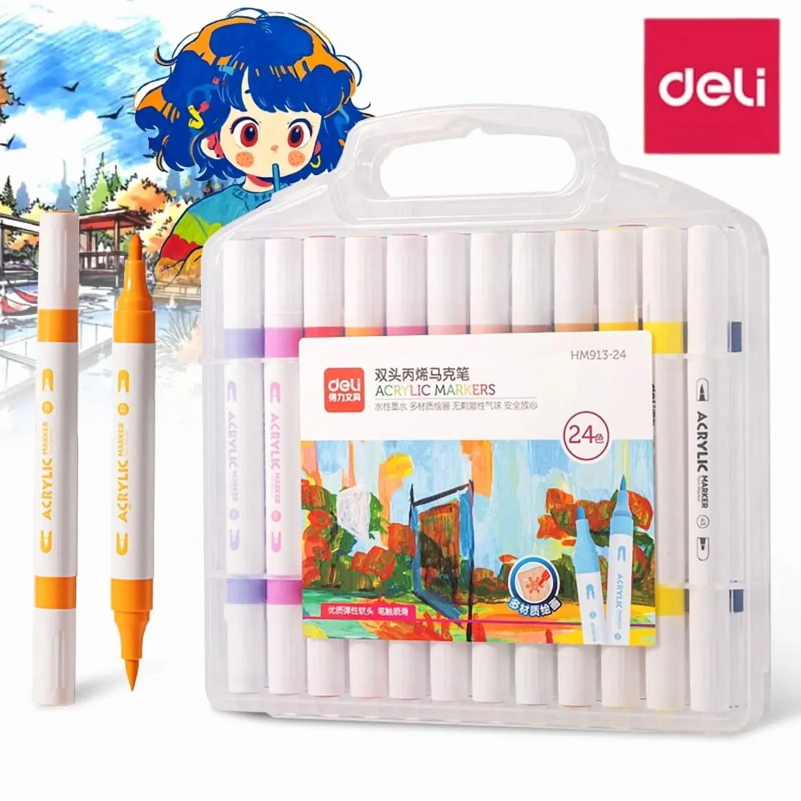 Marqueur Acrylique Double Tete Boite de 24 Couleurs Rond Deli Ref HM913-24
