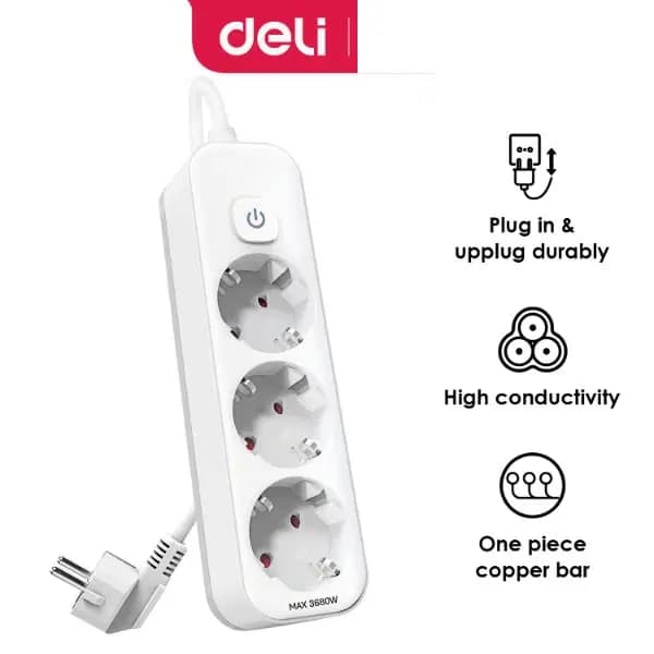 Multi-prises Avec Protection ( 1.8M/3 Sorties / 250V/ 16A) Deli Ref ET431 White