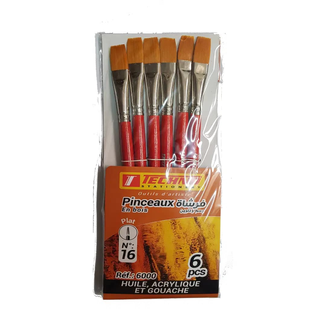 Pinceau Plat N16 Manche Ourt Jeu 6PCS Techno 6000