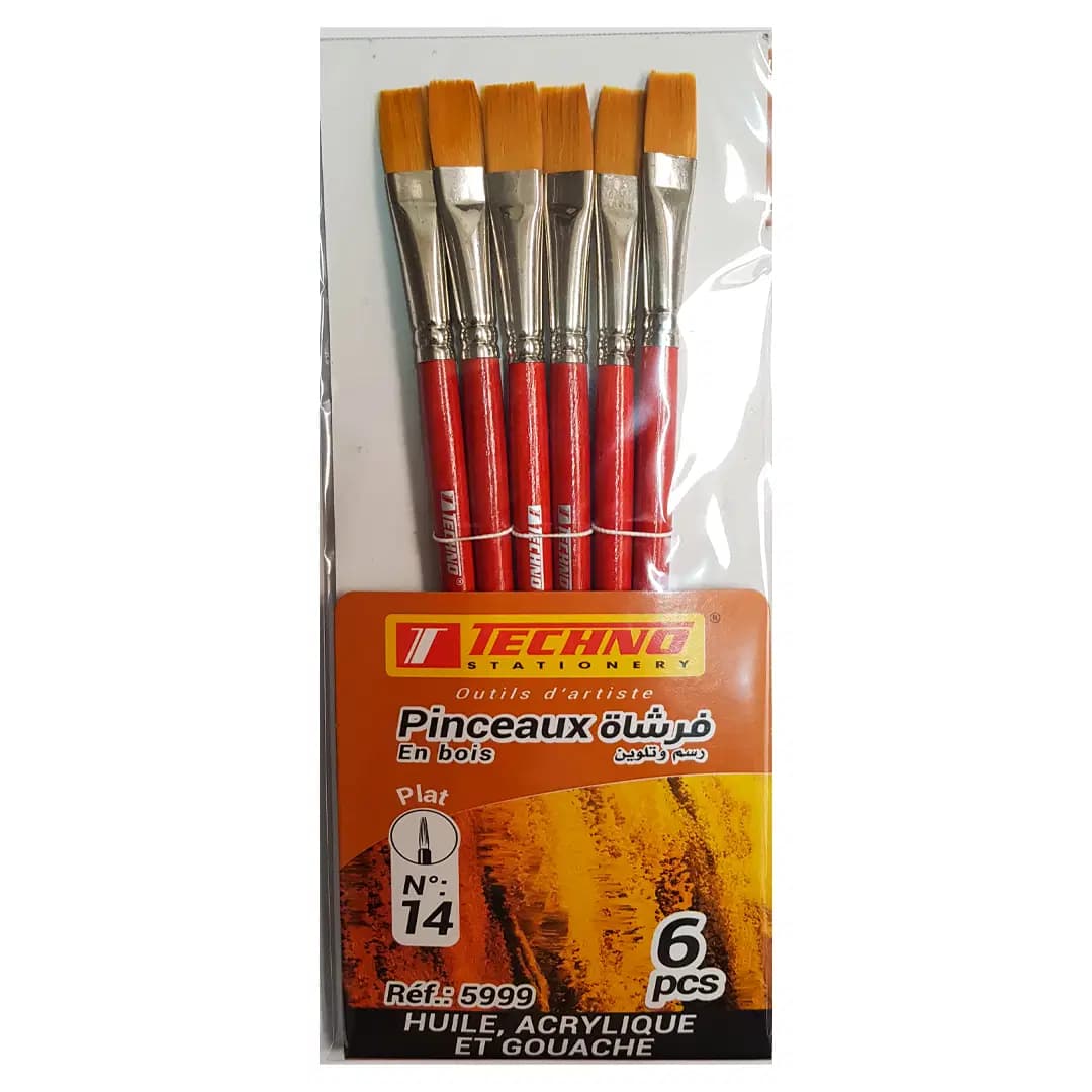 Pinceau Plat N14 Manche Ourt Jeu 6PCS Techno 5999