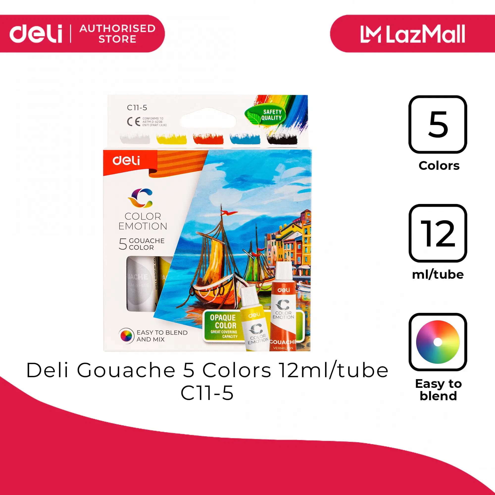 Gouache Acrylique de 5 Couleurs 12ML Color Emotion Deli C11-5 - Deli