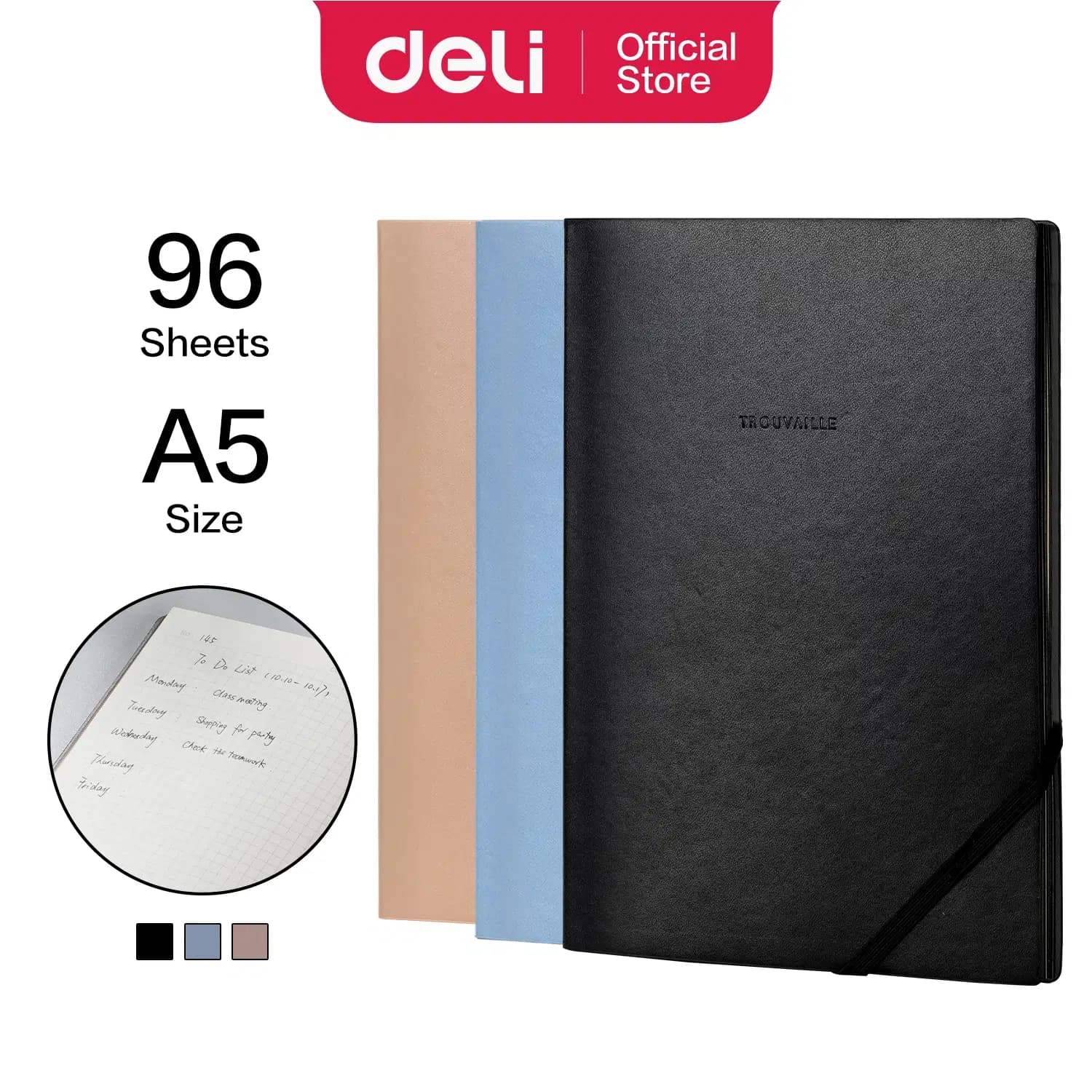 Note Book Cuir de Base Avec Elastique A5 210*143MM 96F Deli N002