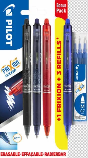 Stylo Gel 04 Pcs +3 Reccharges Frixion 0.7 Noir Pilot Ref BLS-FR7-B-S3