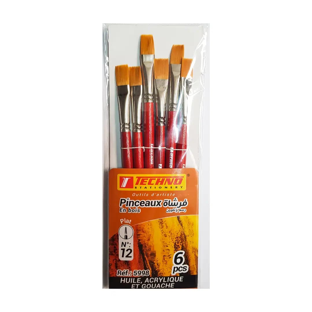 Pinceau Plat N12 Manche Ourt Jeu 6PCS Techno 5998