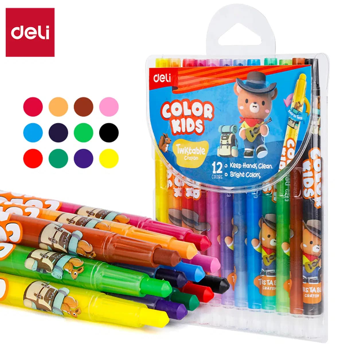 Cire Pour Ecolier Twistable Pochete de 12 Coleurs Kids Deli Ref C223-12